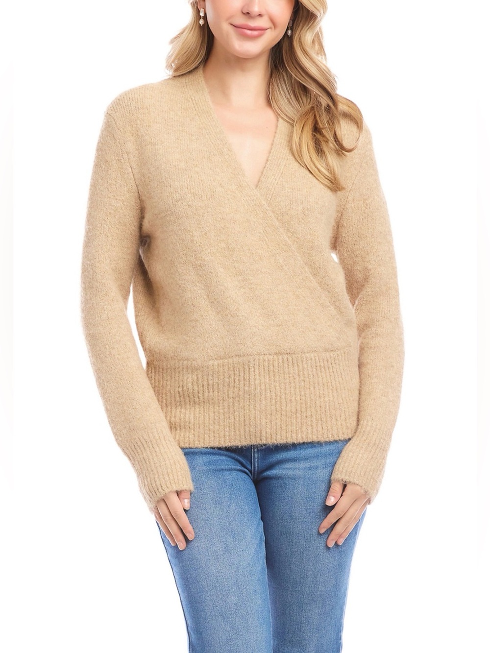 KAREN KANE Cozy V-Neck Wrap-Front Sweater in Camel.